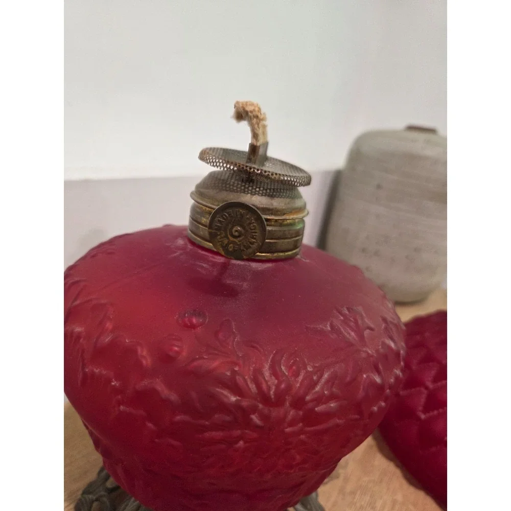Antique Red Satin Quilted Glass Aladdin Style Oil Lamp Brass Base 20''